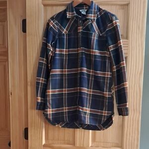 Navy Plaid Button-Up Shirt/Jacket with Brown Stripes